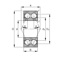 角接觸球軸承 3802-B-TVH, 雙列，接觸角 α = 25°