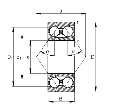 角接觸球軸承 3320-M, 根據(jù) DIN 628-3 標(biāo)準的主要尺寸，雙列，帶填球槽，接觸角 α = 35°