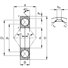 四點(diǎn)接觸球軸承 QJ234-N2-MPA, 根據(jù) DIN 628-4 的主要尺寸， 可以拆卸，剖分內(nèi)圈，帶兩個(gè)止動(dòng)槽