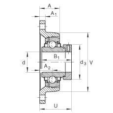 軸承座單元 RCJT35-N-FA125, 帶兩個(gè)螺栓孔的法蘭的軸承座單元，鑄鐵，偏心鎖圈，R 型密封，耐腐蝕保護(hù)