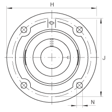 軸承座單元 RFE45, 帶四個螺栓孔的法蘭的軸承座單元，定心凸出物，鑄鐵，偏心鎖圈，R 型密封