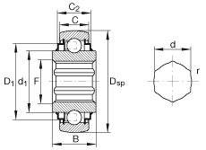 外球面球軸承 SK104-207-KRR-B-AH12, 球面外圈，內(nèi)圈帶六角形孔，兩側(cè) R 型密封